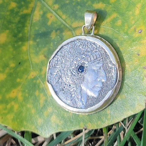 Engraved Indigenous American Nickel with Sapphire 14k Gold Pendant