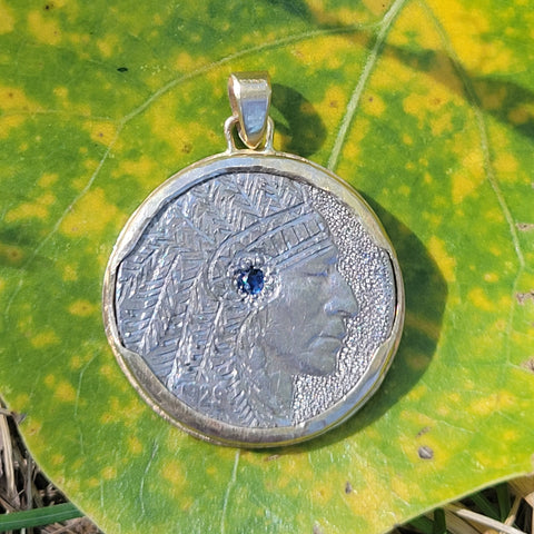 Engraved Indigenous American Nickel with Sapphire 14k Gold Pendant
