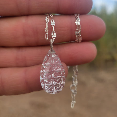 Carved Chandelier Clear Quartz Crystal Necklace