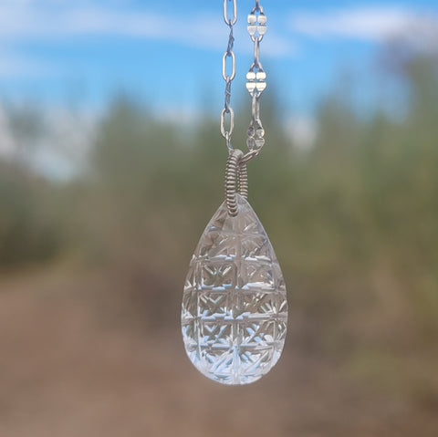 Carved Chandelier Clear Quartz Crystal Necklace