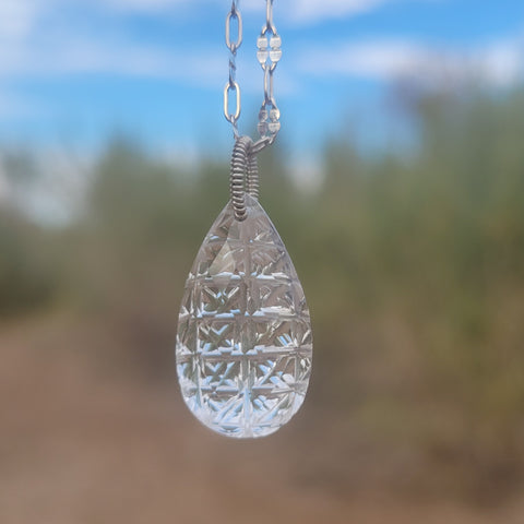 Carved Chandelier Clear Quartz Crystal Necklace