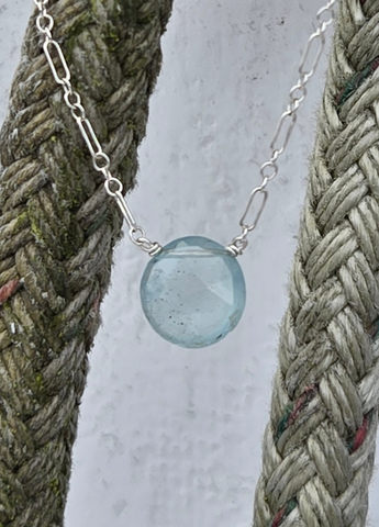 Aquamarine Faceted Disc Sterling Silver Necklace