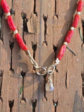 Mediterranean Coral (Old Stock), Diamond and Engraved 14K Gold Infiniti Beaded Necklace