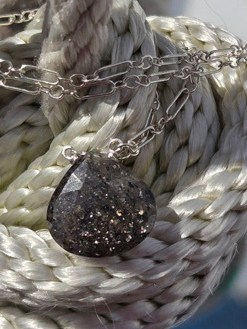 Black Indian Sunstone Faceted Briolette Sterling Silver  Necklace