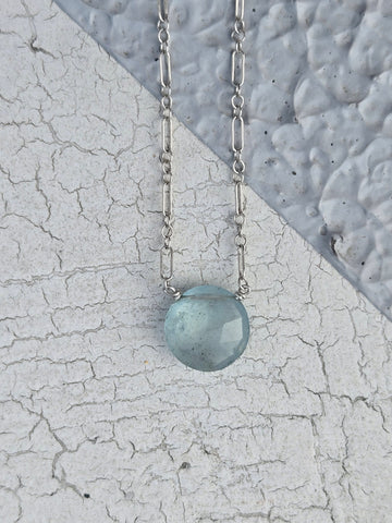 Aquamarine Faceted Disc Sterling Silver Necklace
