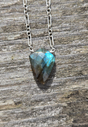 Labradorite Faceted Shield Sterling Silver Necklace