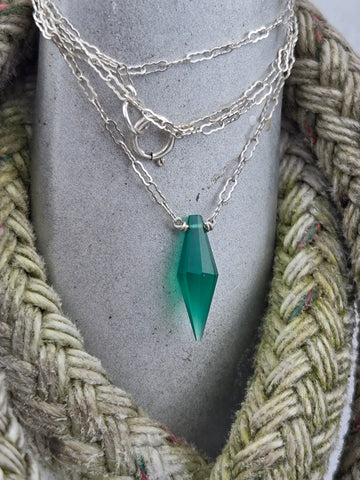 Green Onyx Faceted Diamond Dagger Sterling Silver Necklace