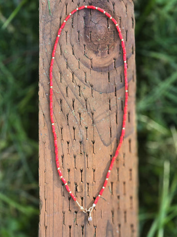 Mediterranean Coral (Old Stock), Diamond and Engraved 14K Gold Infiniti Beaded Necklace