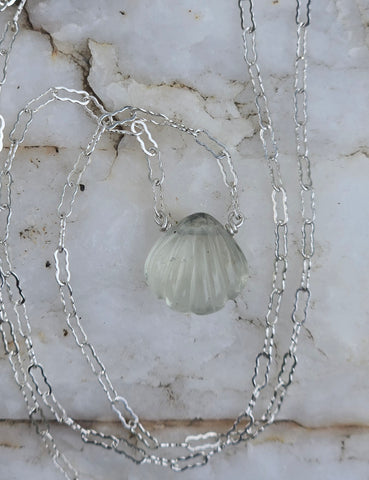 Aquamarine Carved Seashell  Sterling Silver Necklace
