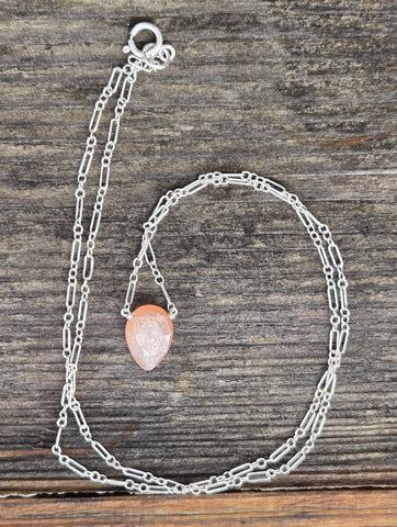 Peach Moonstone Faceted Leaf Sterling Silver Necklace