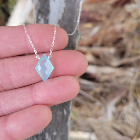 Aqua Chalcedony Faceted Diamond Sterling Silver Necklace