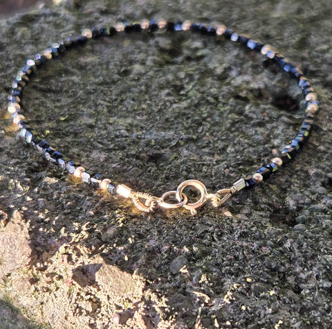 Black Spinnel Faceted Dice 14K and 10K Gold Beaded Bracelet