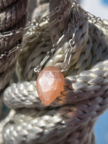 Peach Moonstone Faceted Leaf Sterling Silver Necklace