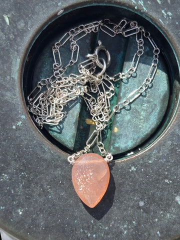 Peach Moonstone Faceted Leaf Sterling Silver Necklace