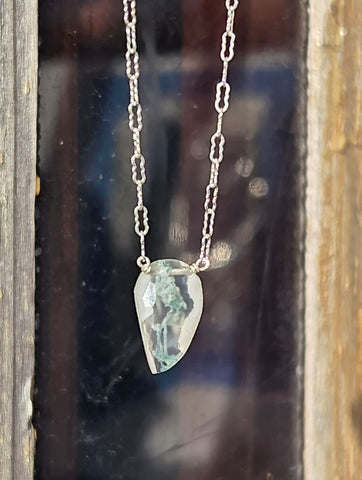 Moss Agate Faceted Leaf Sterling Silver Necklace