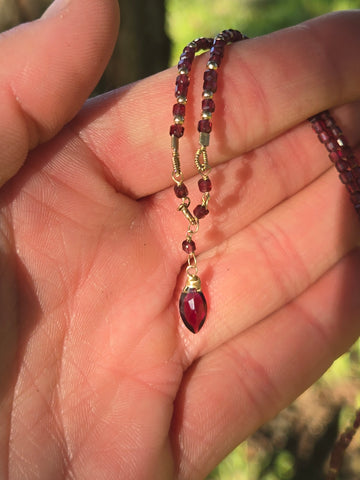 Garnet Faceted Dice 14K Gold Infinity Beaded Necklace