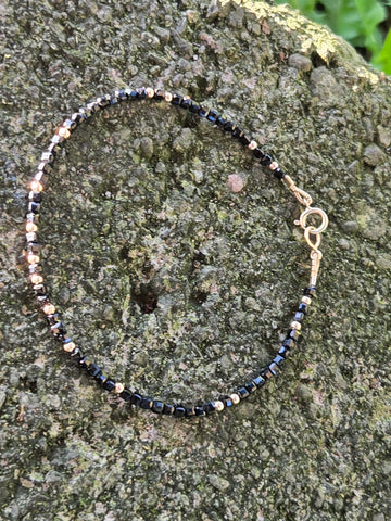 Black Spinnel Faceted Dice 14K and 10K Gold Beaded Bracelet