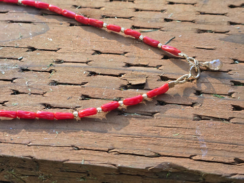 Mediterranean Coral (Old Stock), Diamond and Engraved 14K Gold Infiniti Beaded Necklace