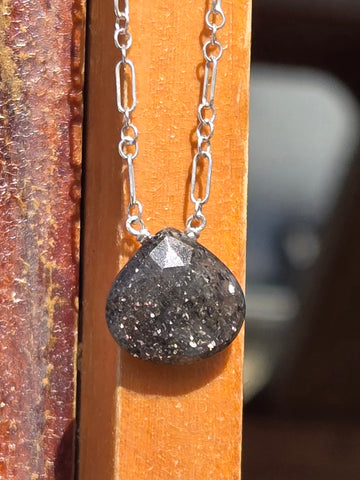 Black Indian Sunstone Faceted Briolette Sterling Silver  Necklace