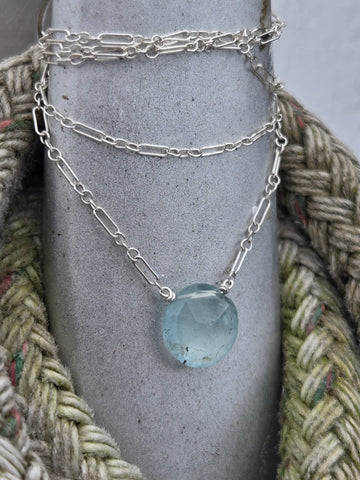 Aquamarine Faceted Disc Sterling Silver Necklace