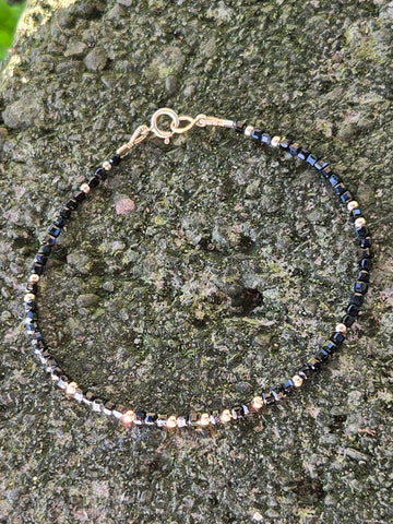Black Spinnel Faceted Dice 14K and 10K Gold Beaded Bracelet