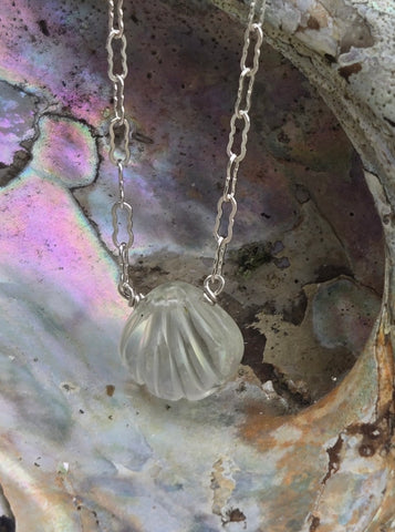 Aquamarine Carved Seashell  Sterling Silver Necklace