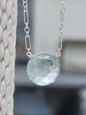 Aquamarine Faceted Disc Sterling Silver Necklace