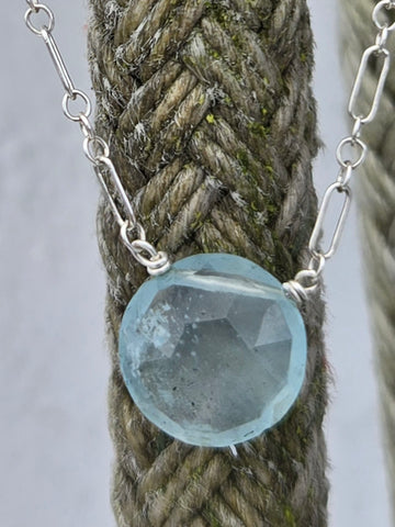 Aquamarine Faceted Disc Sterling Silver Necklace