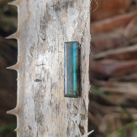 Labradorite Faceted Elongated Baguette Sterling Silver Necklace