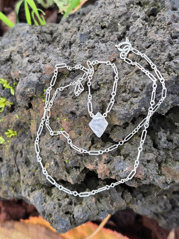 Rainbow Moonstone Faceted Diamond Sterling Silver Necklace 