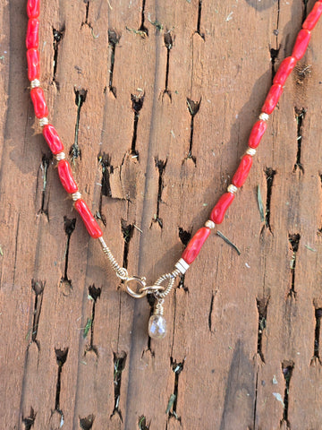 Mediterranean Coral (Old Stock), Diamond and Engraved 14K Gold Infiniti Beaded Necklace