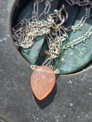 Peach Moonstone Faceted Leaf Sterling Silver Necklace