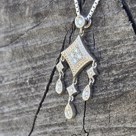 Antique Diamond 14K White Gold Dangle Necklace