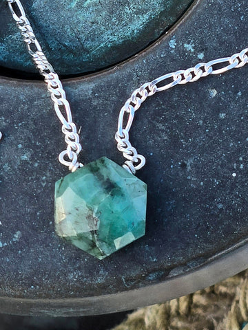 Emerald Faceted Hexagon Sterling Silver Necklace