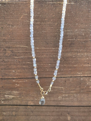 Labradorite Faceted Dice 14K Gold Infinity Beaded Necklace