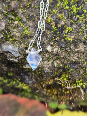Rainbow Moonstone Faceted Diamond Sterling Silver Necklace 