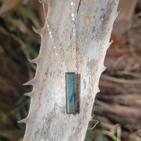 Labradorite Faceted Elongated Baguette Sterling Silver Necklace