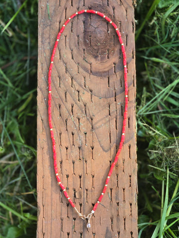 Mediterranean Coral (Old Stock), Diamond and Engraved 14K Gold Infiniti Beaded Necklace