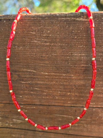 Mediterranean Coral (Old Stock), Diamond and Engraved 14K Gold Infiniti Beaded Necklace