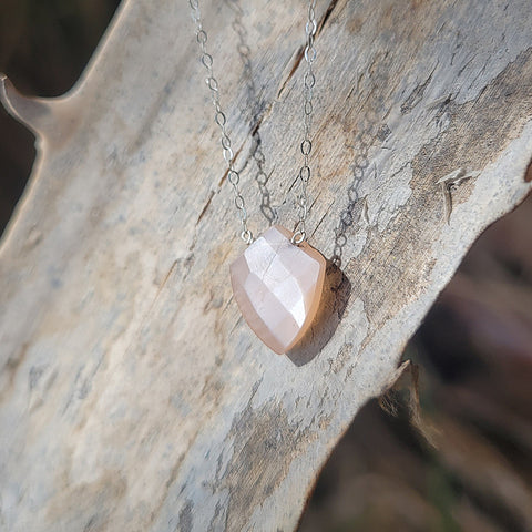 Peach Moonstone Faceted Shield Sterling Silver Necklace