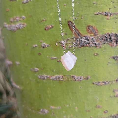 Peach Moonstone Faceted Shield Sterling Silver Necklace