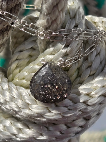 Black Indian Sunstone Faceted Briolette Sterling Silver  Necklace