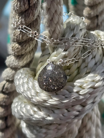 Black Indian Sunstone Faceted Briolette Sterling Silver  Necklace