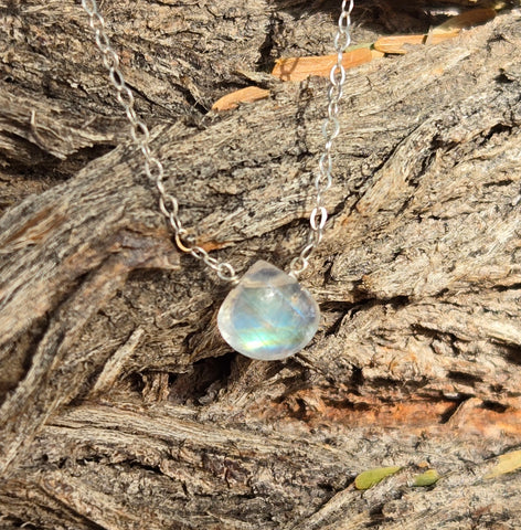 Rainbow Moonstone Briolette Sterling Silver Necklace