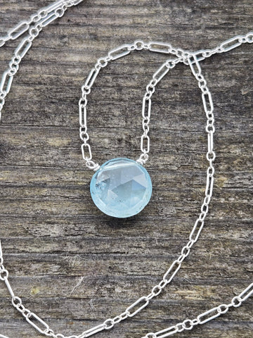 Aquamarine Faceted Disc Sterling Silver Necklace