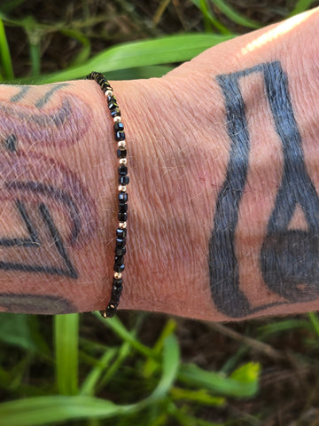 Black Spinnel Faceted Dice 14K and 10K Gold Beaded Bracelet