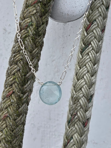 Aquamarine Faceted Disc Sterling Silver Necklace