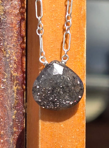 Black Indian Sunstone Faceted Briolette Sterling Silver  Necklace