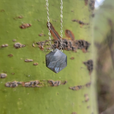 Grey Moonstone Faceted Hexagon Sterling Silver Necklace