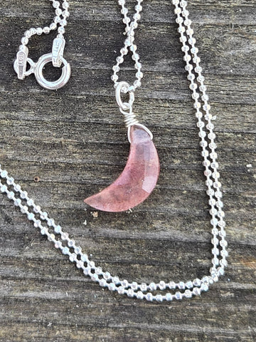 Pink Muscovite Crescent Moon Sterling Silver Necklace